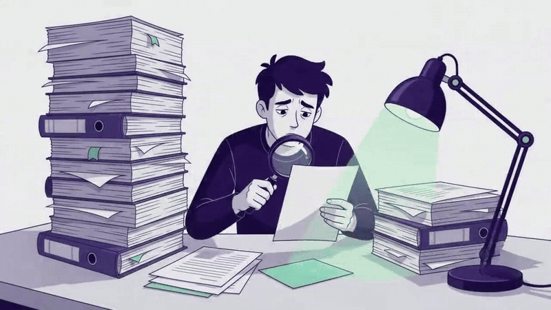 Exhausted developer manually reviewing files and auditing AI-generated code for hidden errors
