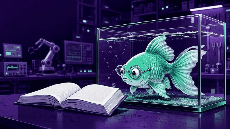 Goldfish studying a book in a technology lab, symbolizing persistent memory for AI coding agents